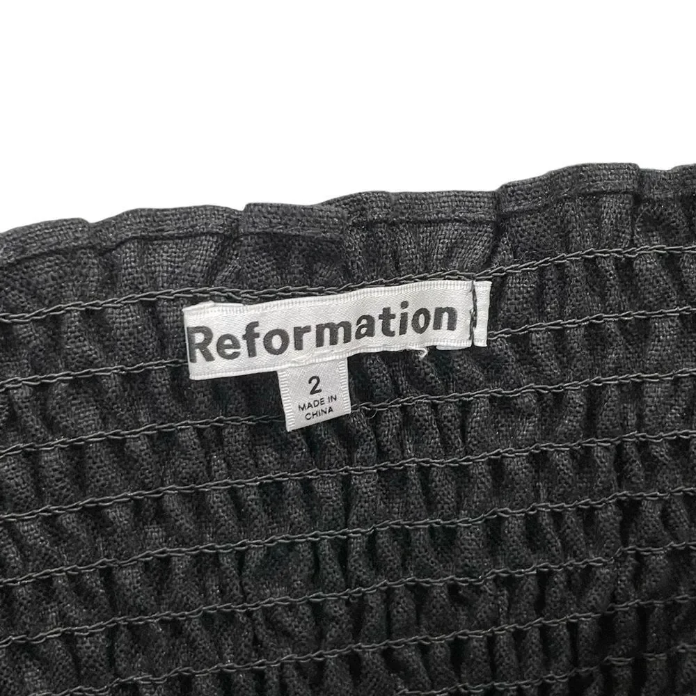 Reformation,Linen Smocked Crop Blouse, Black